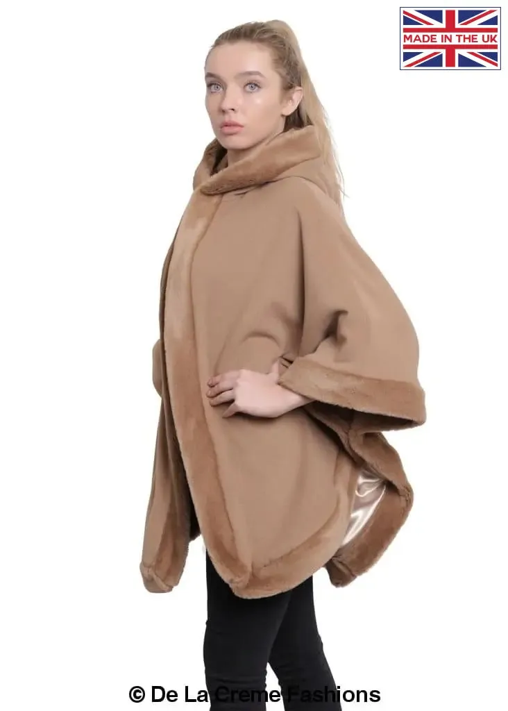 De La Creme - Womens Wool & Cashmere Blend Fur Lined Hooded Cape