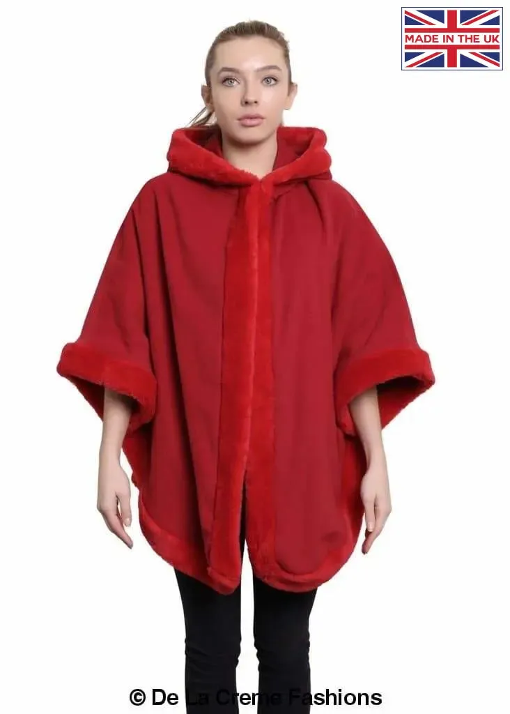 De La Creme - Womens Wool & Cashmere Blend Fur Lined Hooded Cape