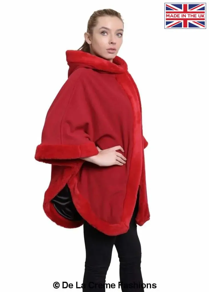 De La Creme - Womens Wool & Cashmere Blend Fur Lined Hooded Cape