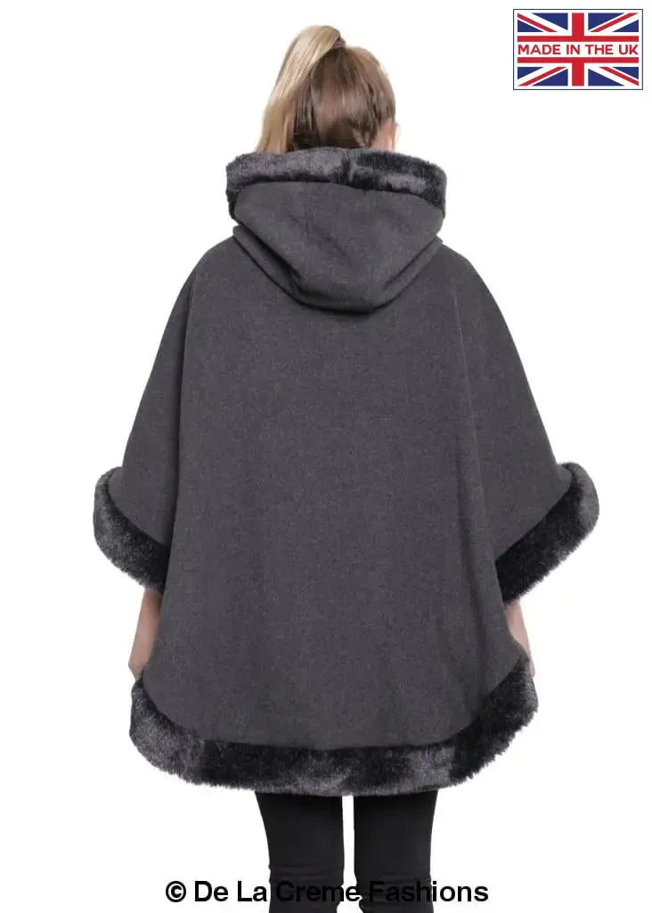 De La Creme - Womens Wool & Cashmere Blend Fur Lined Hooded Cape