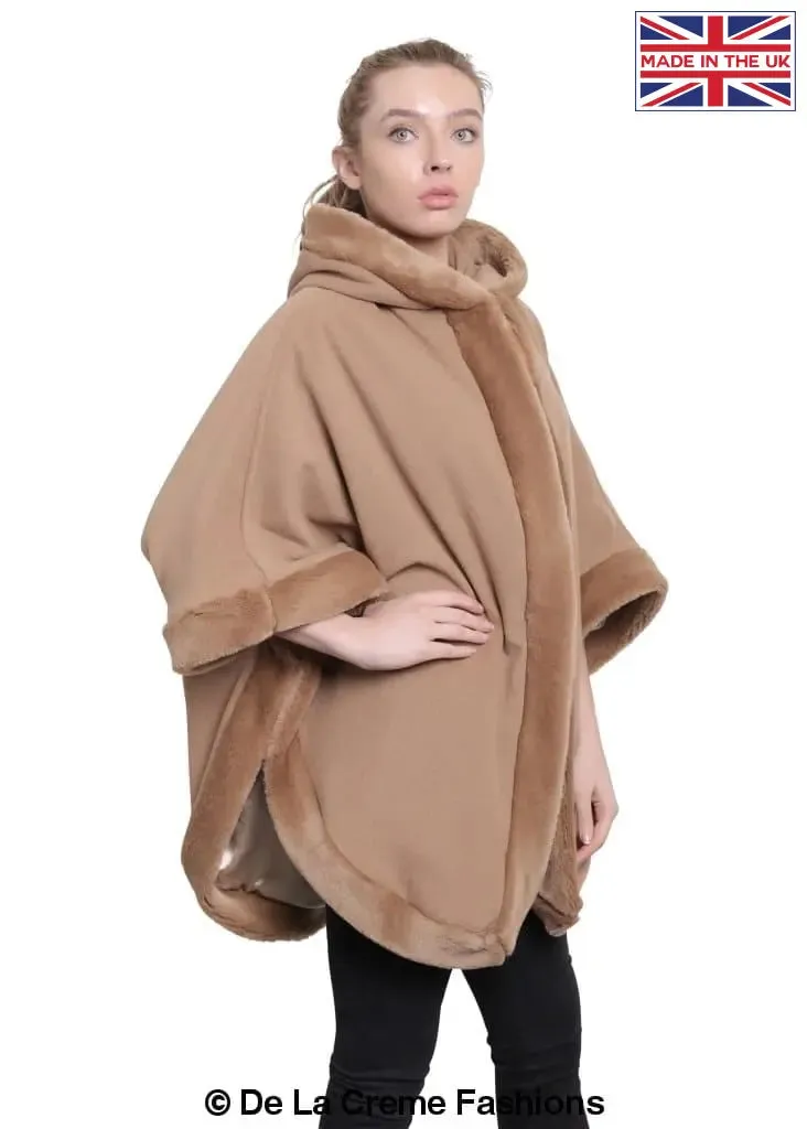 De La Creme - Womens Wool & Cashmere Blend Fur Lined Hooded Cape