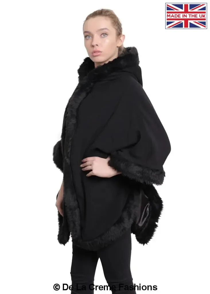 De La Creme - Womens Wool & Cashmere Blend Fur Lined Hooded Cape