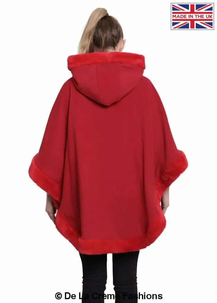 De La Creme - Womens Wool & Cashmere Blend Fur Lined Hooded Cape