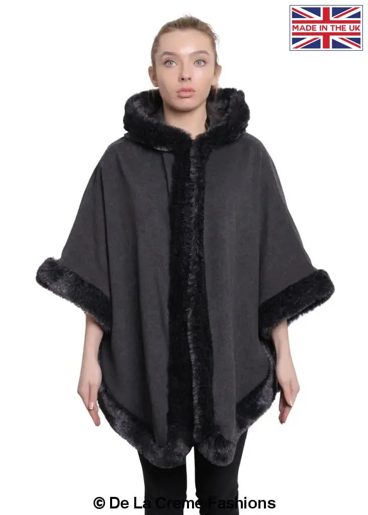 De La Creme - Womens Wool & Cashmere Blend Fur Lined Hooded Cape