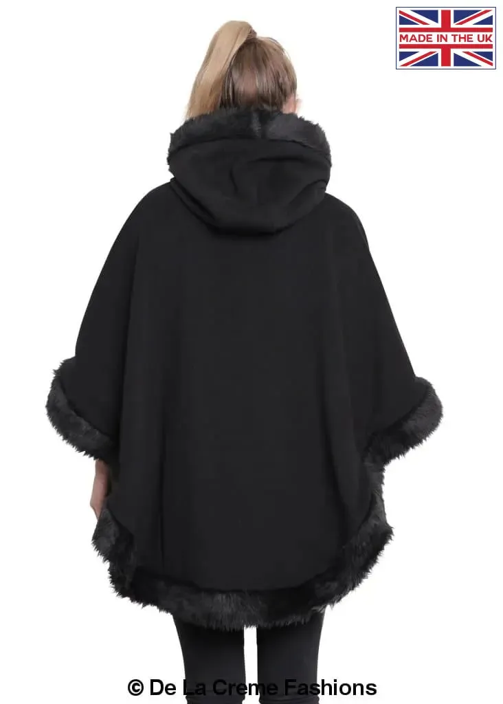 De La Creme - Womens Wool & Cashmere Blend Fur Lined Hooded Cape