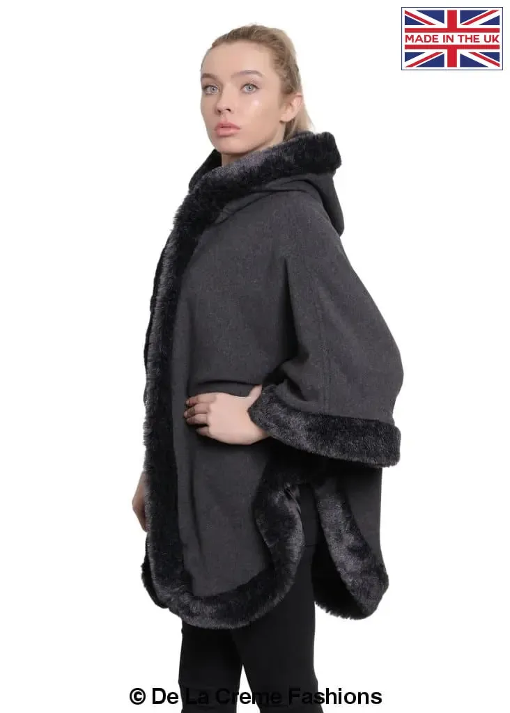 De La Creme - Womens Wool & Cashmere Blend Fur Lined Hooded Cape