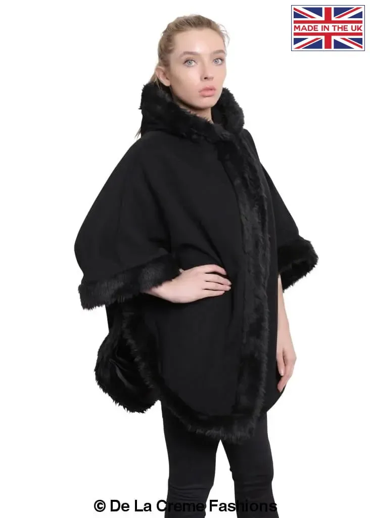 De La Creme - Womens Wool & Cashmere Blend Fur Lined Hooded Cape