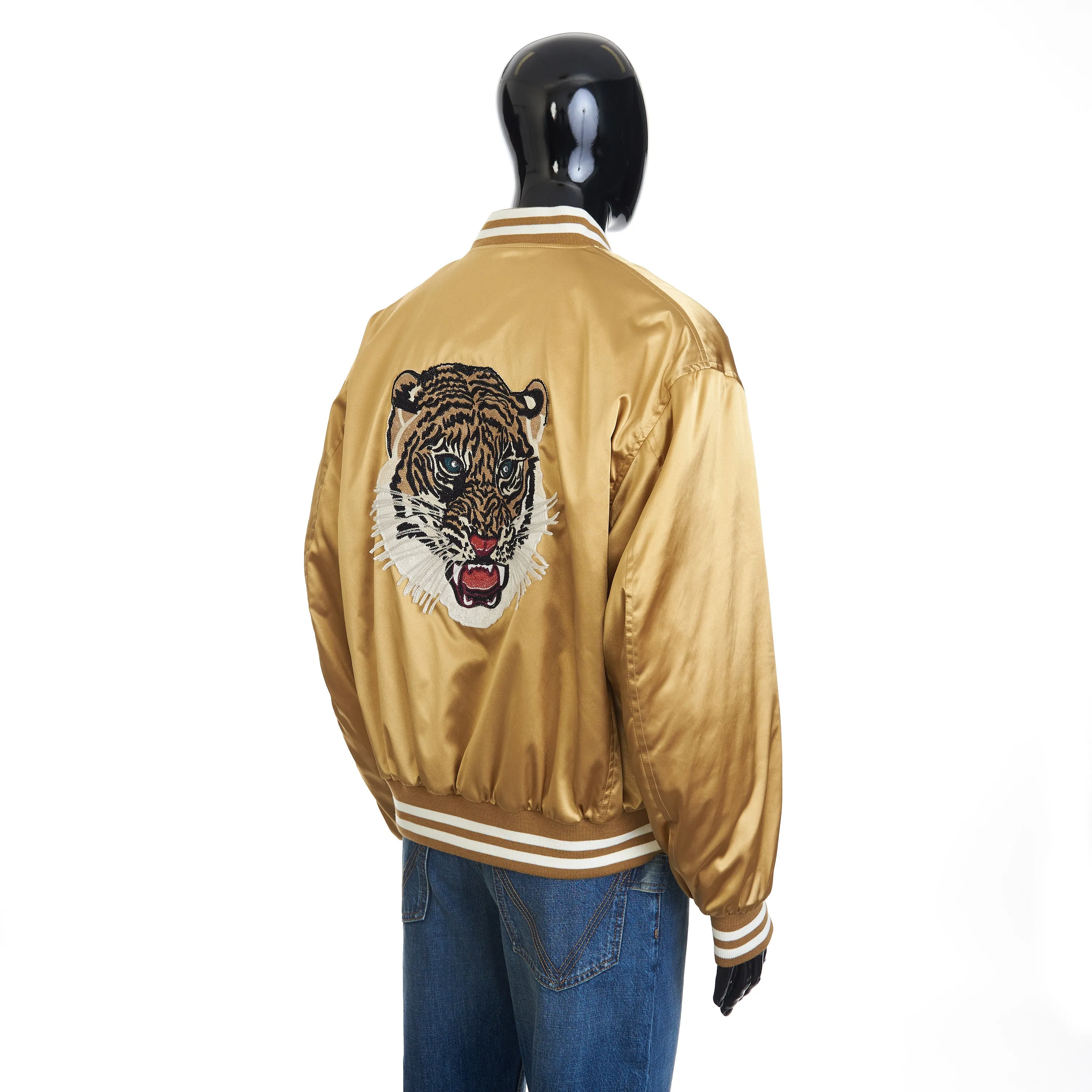 Embroidered Tiger Teddy Jacket In Gold Satin-finish Nylon