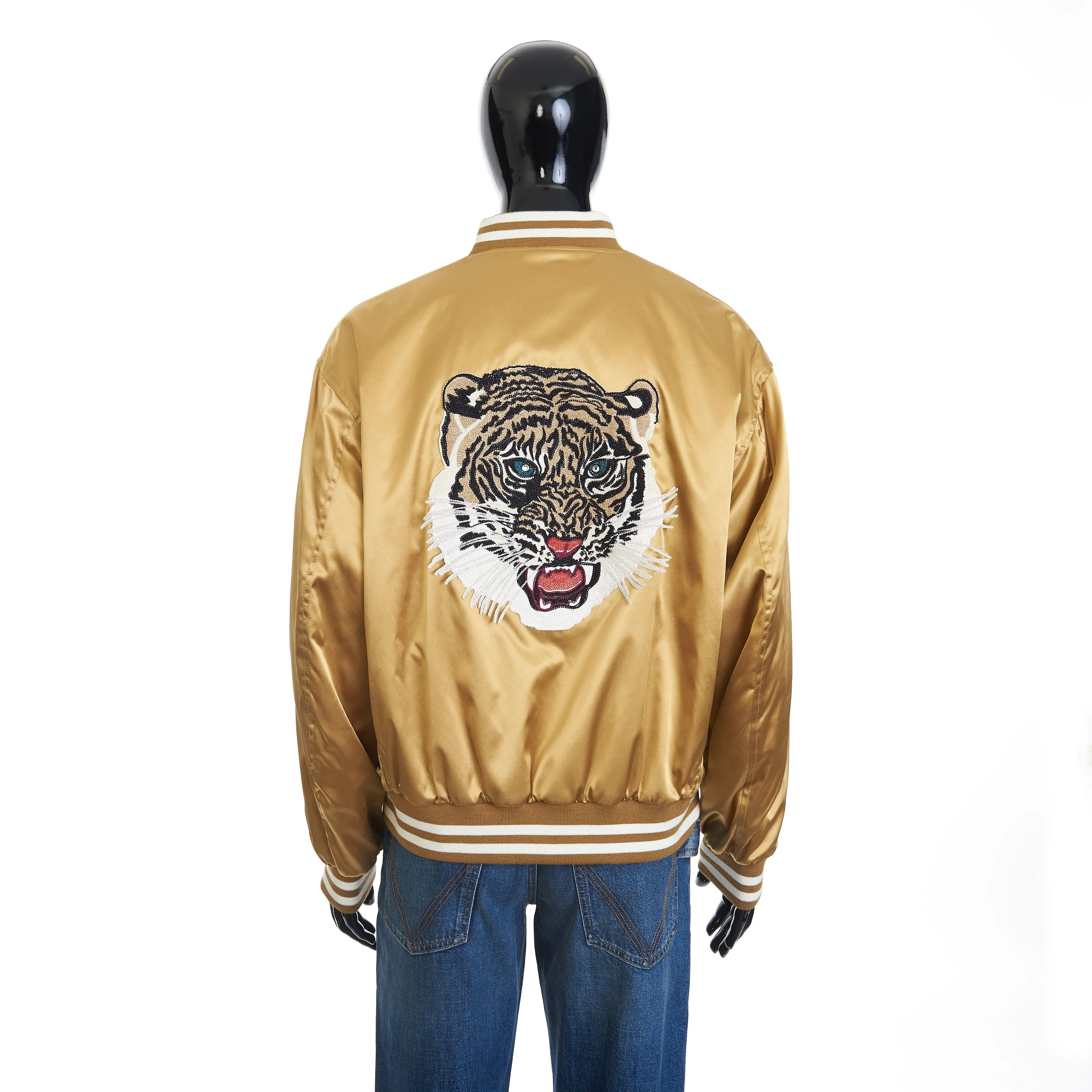 Embroidered Tiger Teddy Jacket In Gold Satin-finish Nylon