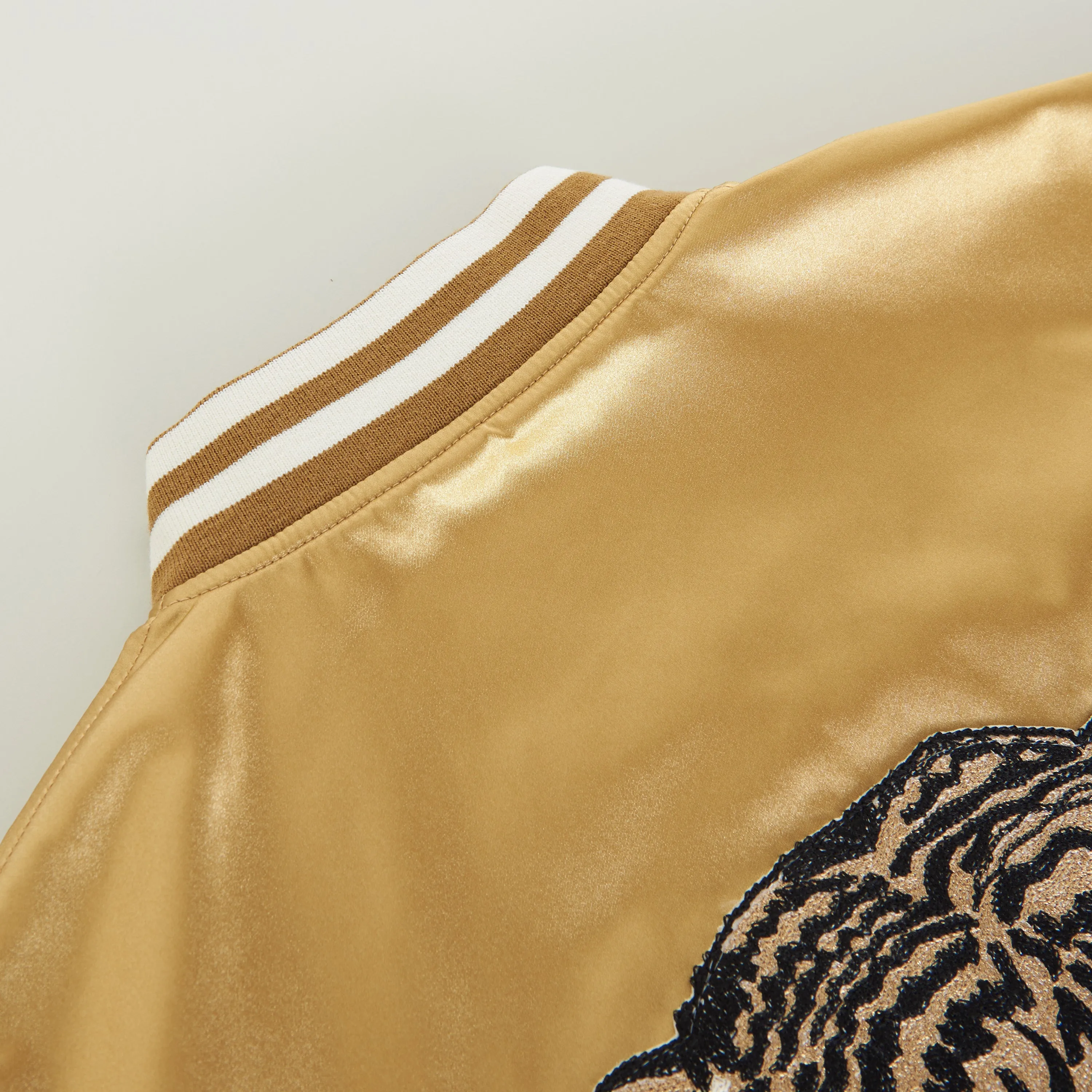 Embroidered Tiger Teddy Jacket In Gold Satin-finish Nylon