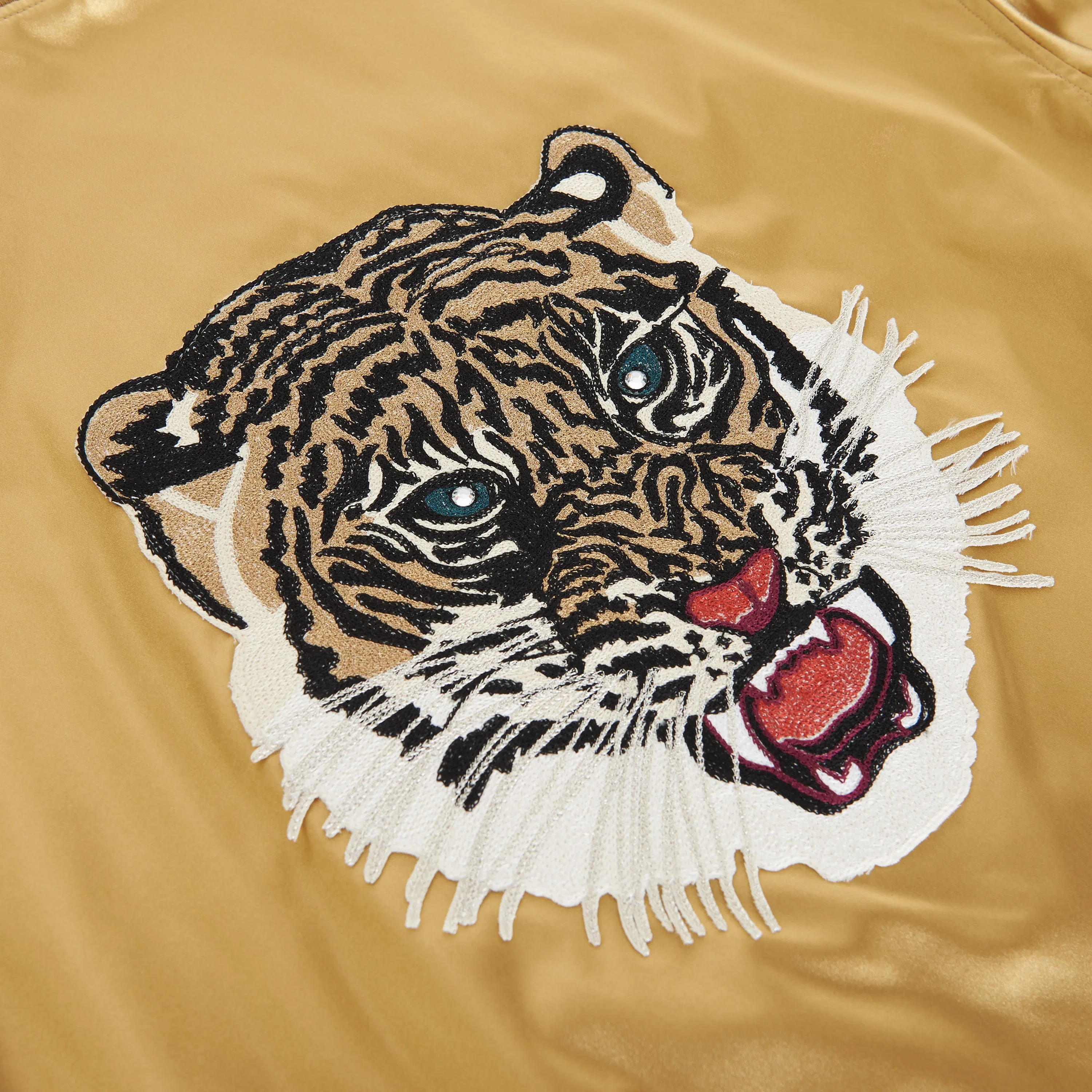 Embroidered Tiger Teddy Jacket In Gold Satin-finish Nylon