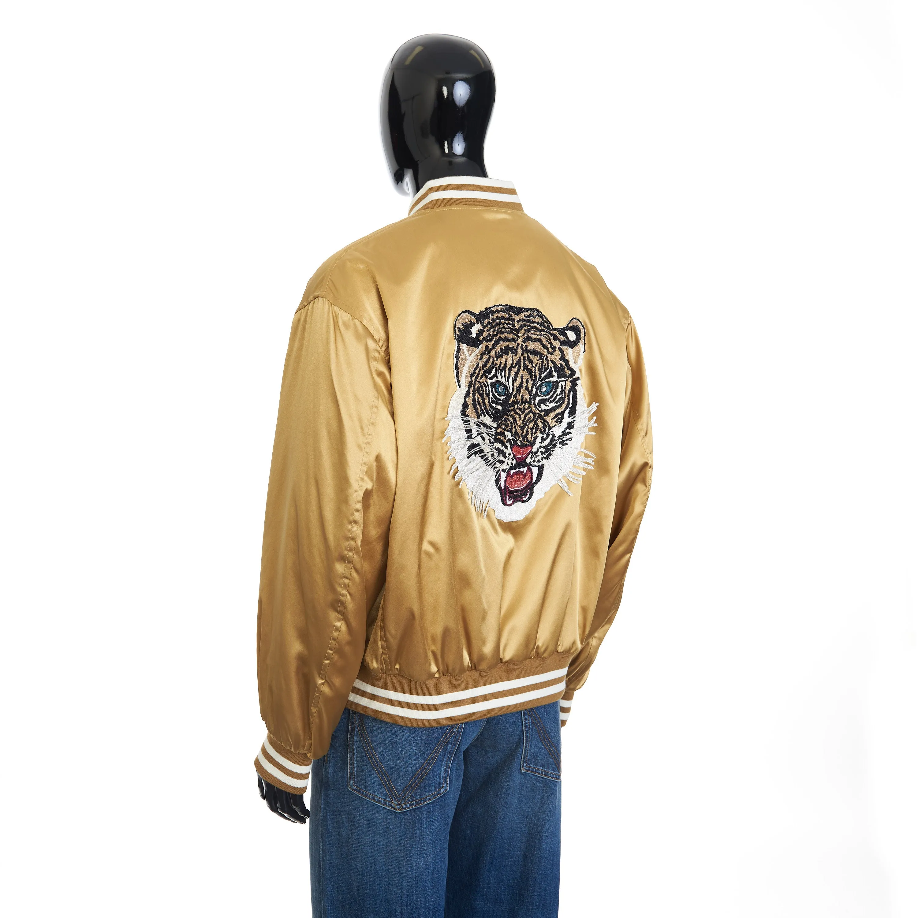 Embroidered Tiger Teddy Jacket In Gold Satin-finish Nylon