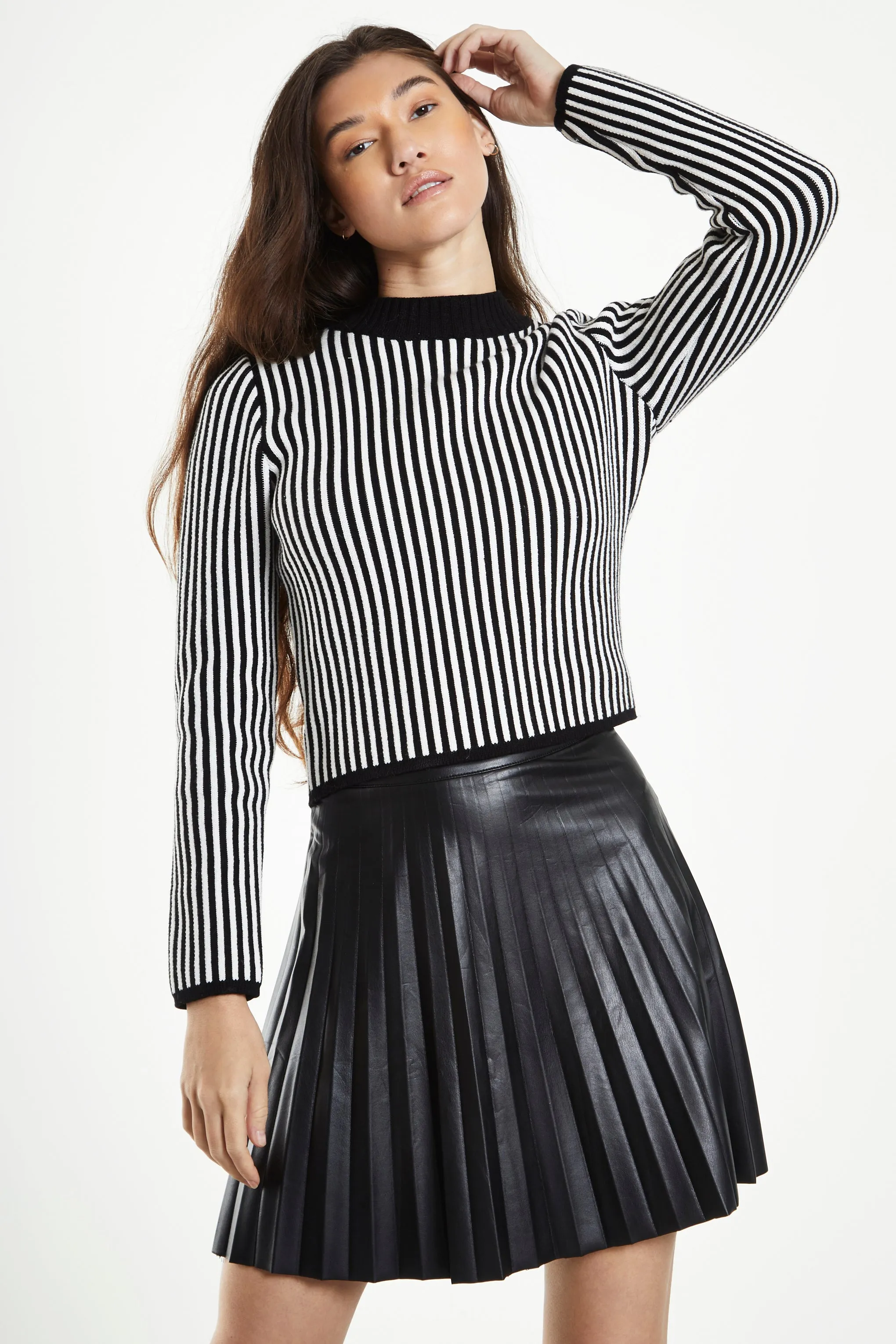 Glamorous Black White Stripe Skinny Fit Rib Knit long Sleeve Top