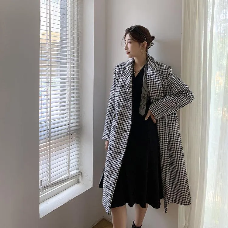 Houndstooth Double Breasted Oversized Long Wool Coat