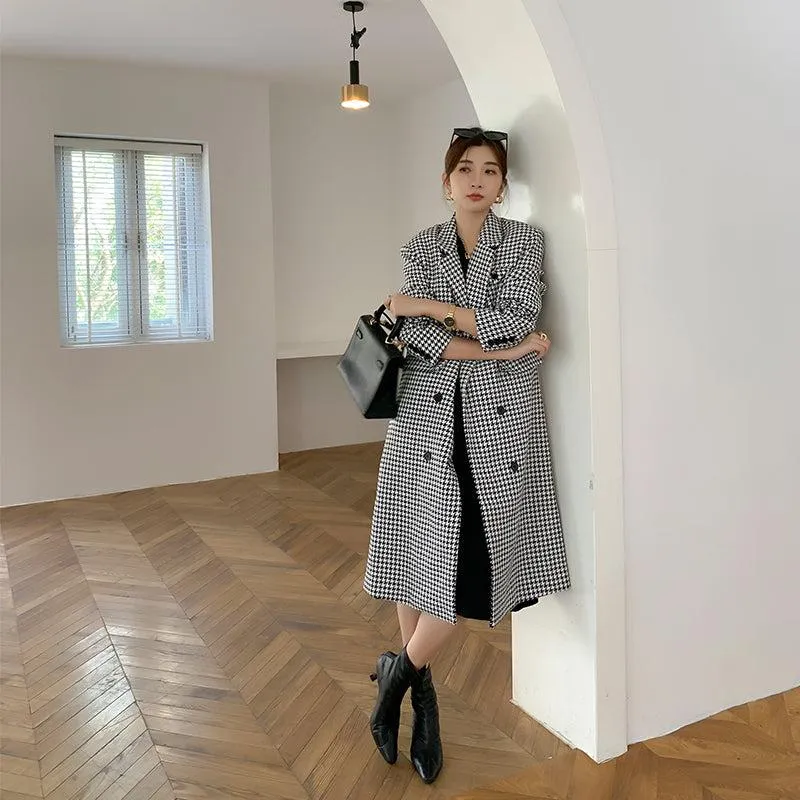 Houndstooth Double Breasted Oversized Long Wool Coat