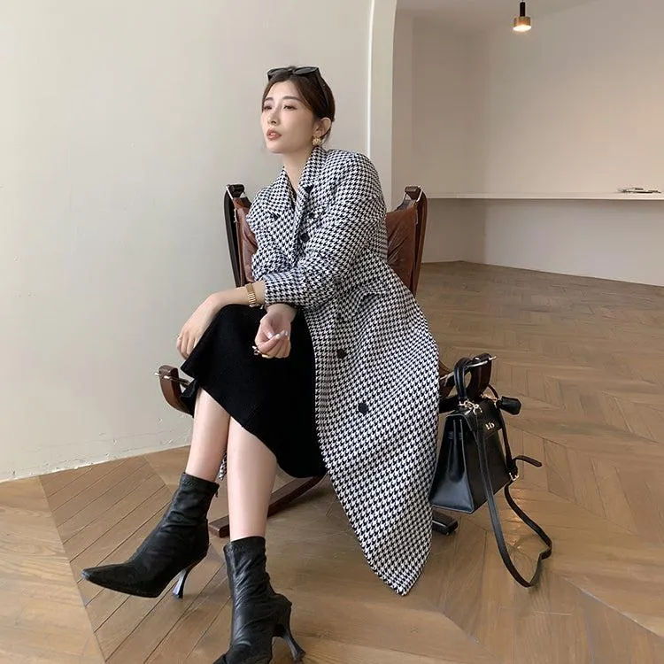 Houndstooth Double Breasted Oversized Long Wool Coat