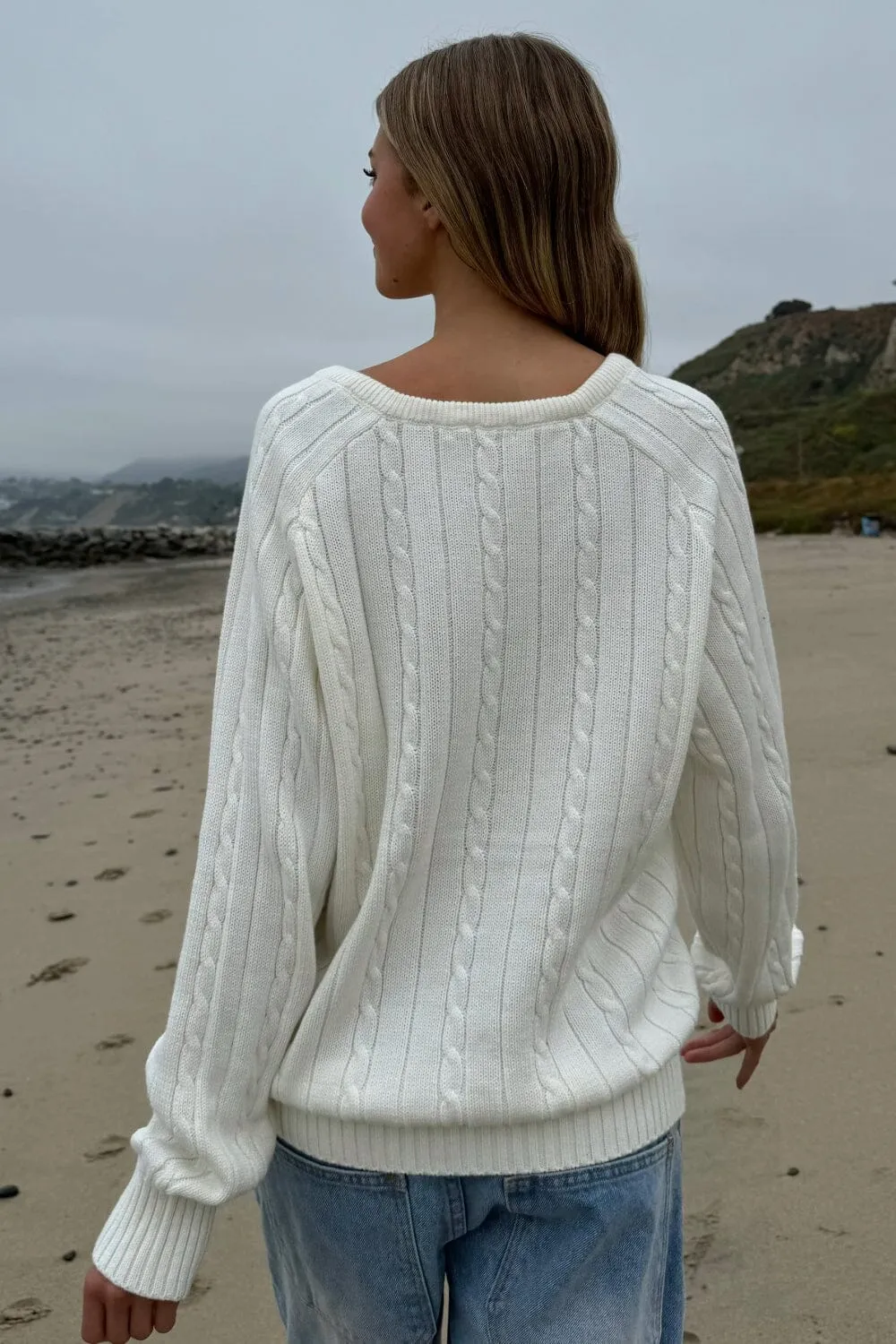 Ida Cotton Cable Knit V-Neck Sweater