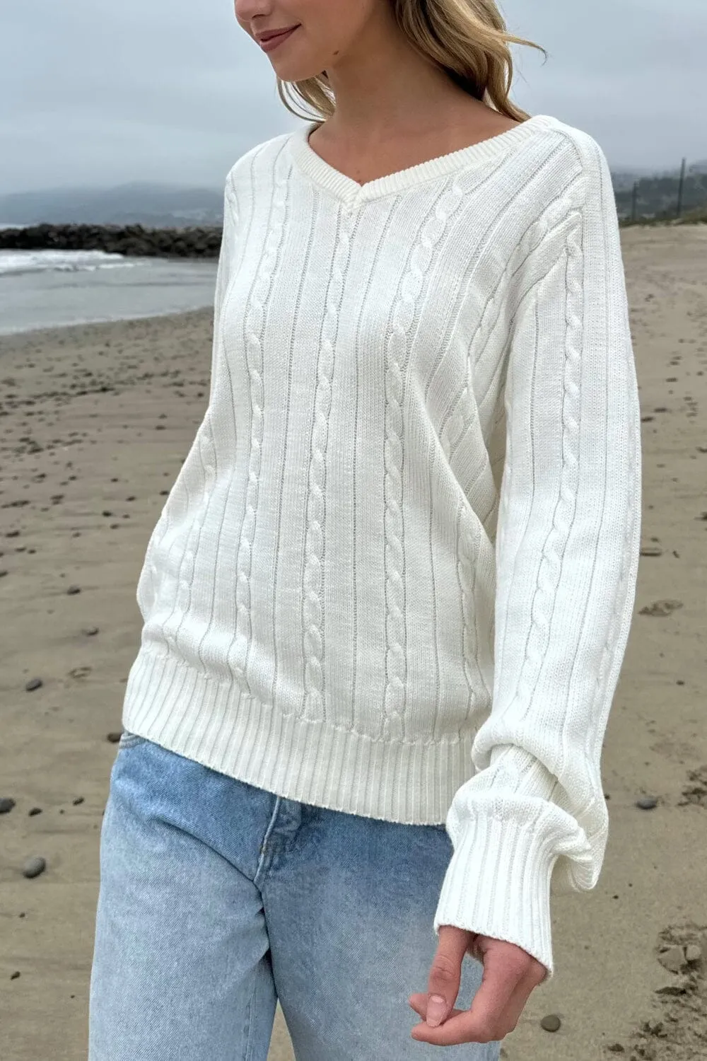 Ida Cotton Cable Knit V-Neck Sweater