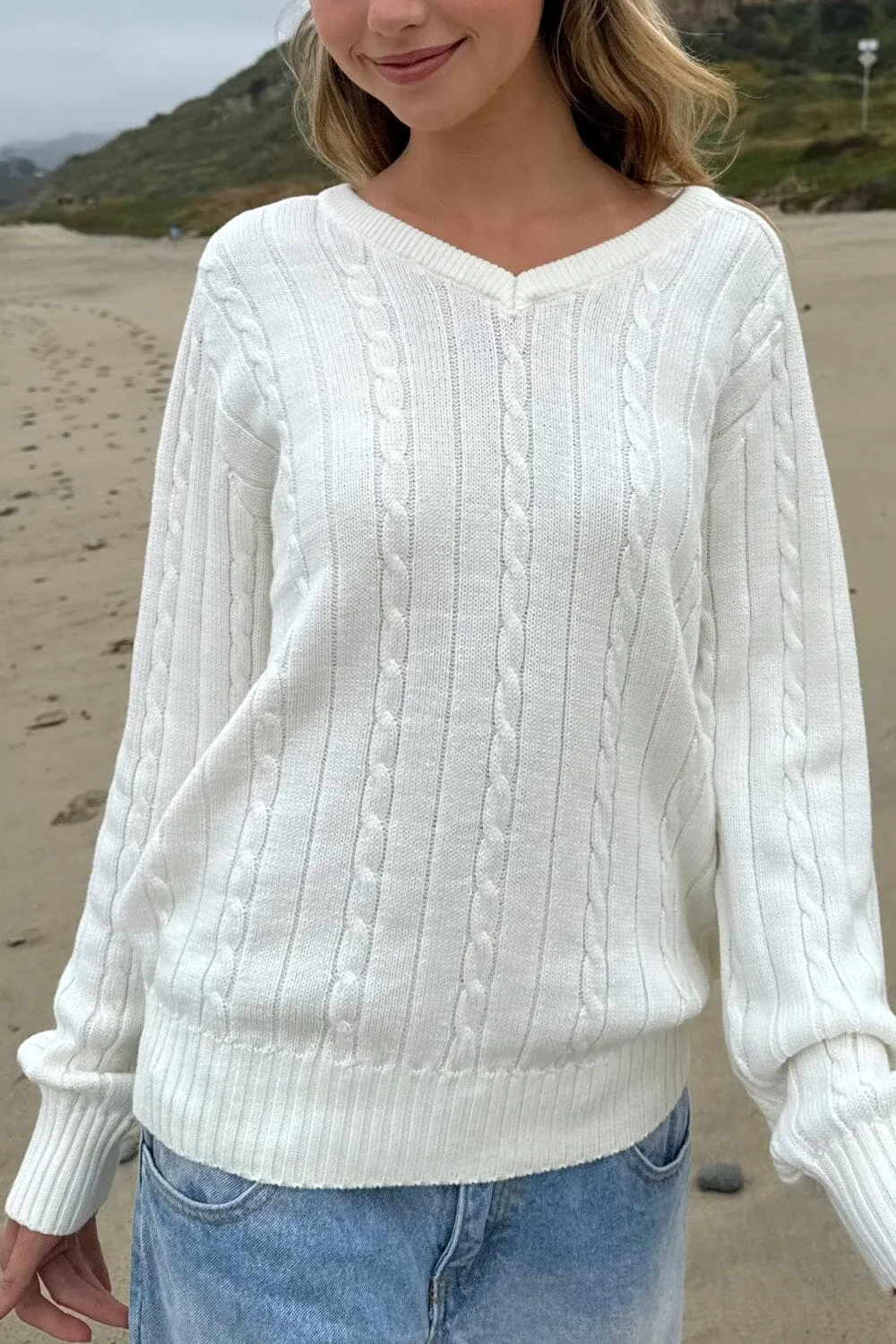 Ida Cotton Cable Knit V-Neck Sweater