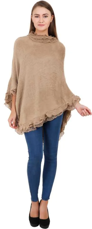 Manra Women Pure Wool Poncho with Designer Border in Beige Colour