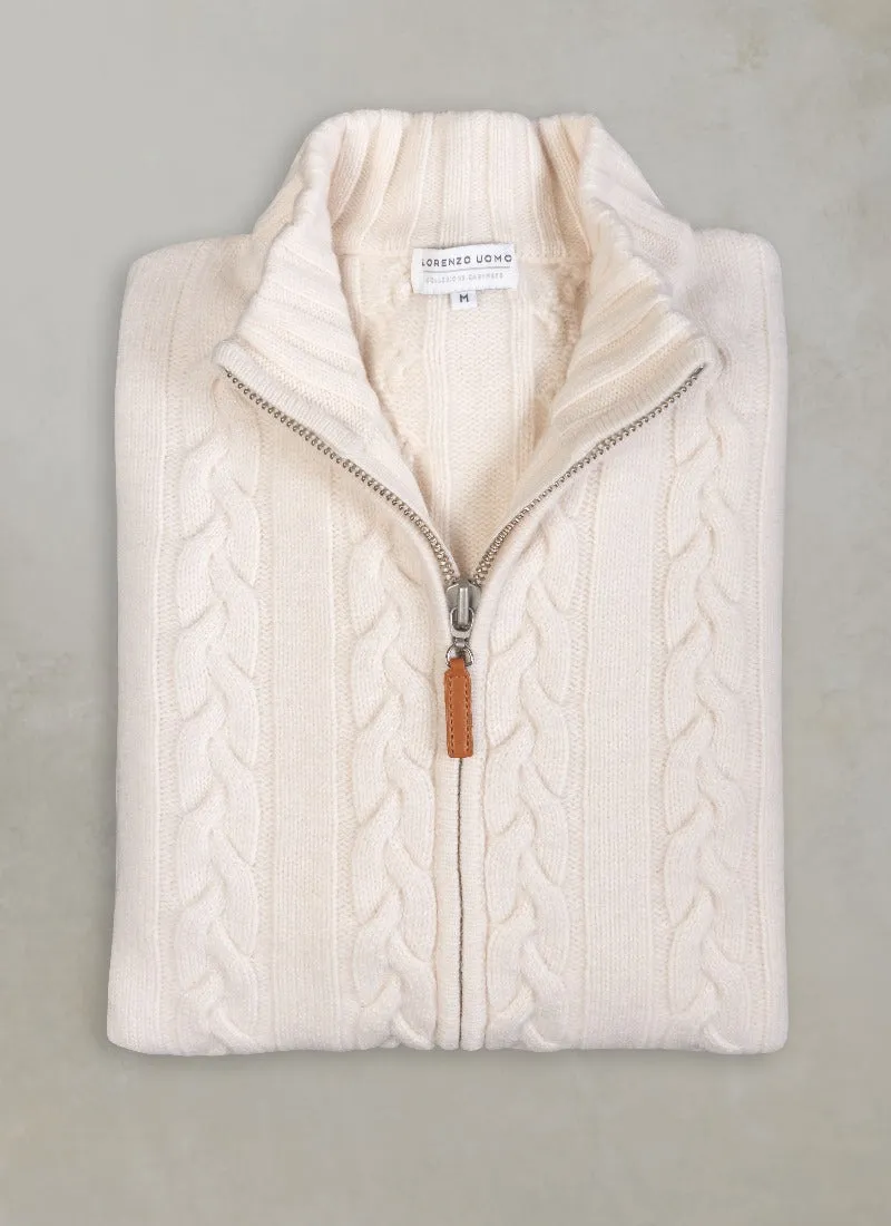 Men's Aspen Cable Full Zip Up Cashmere Sweater in Ivory