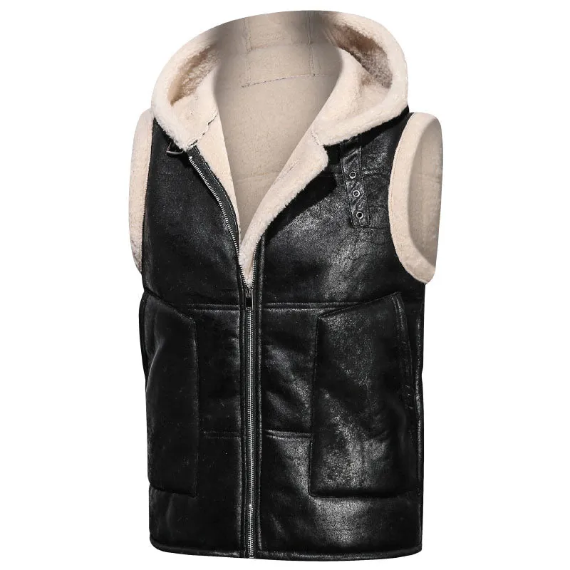 Men's Winter Casual Hooded Warm Jacket Lamb Fleece Vest