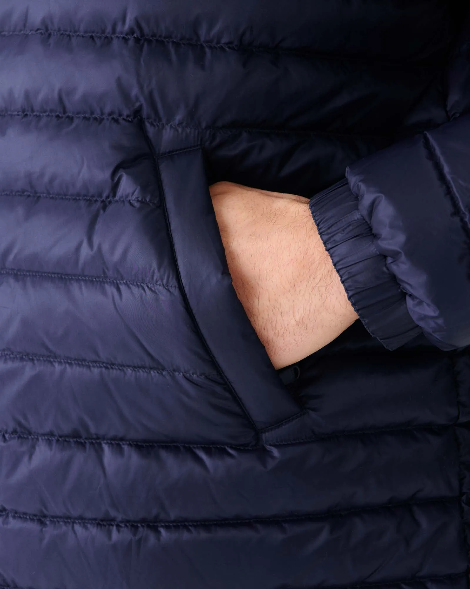 Navy Amsterdam long reversible hooded puffer jacket