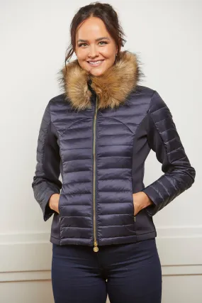 Navy Puffer Jacket - Luxe Faux Fur Collar - 60% OFF