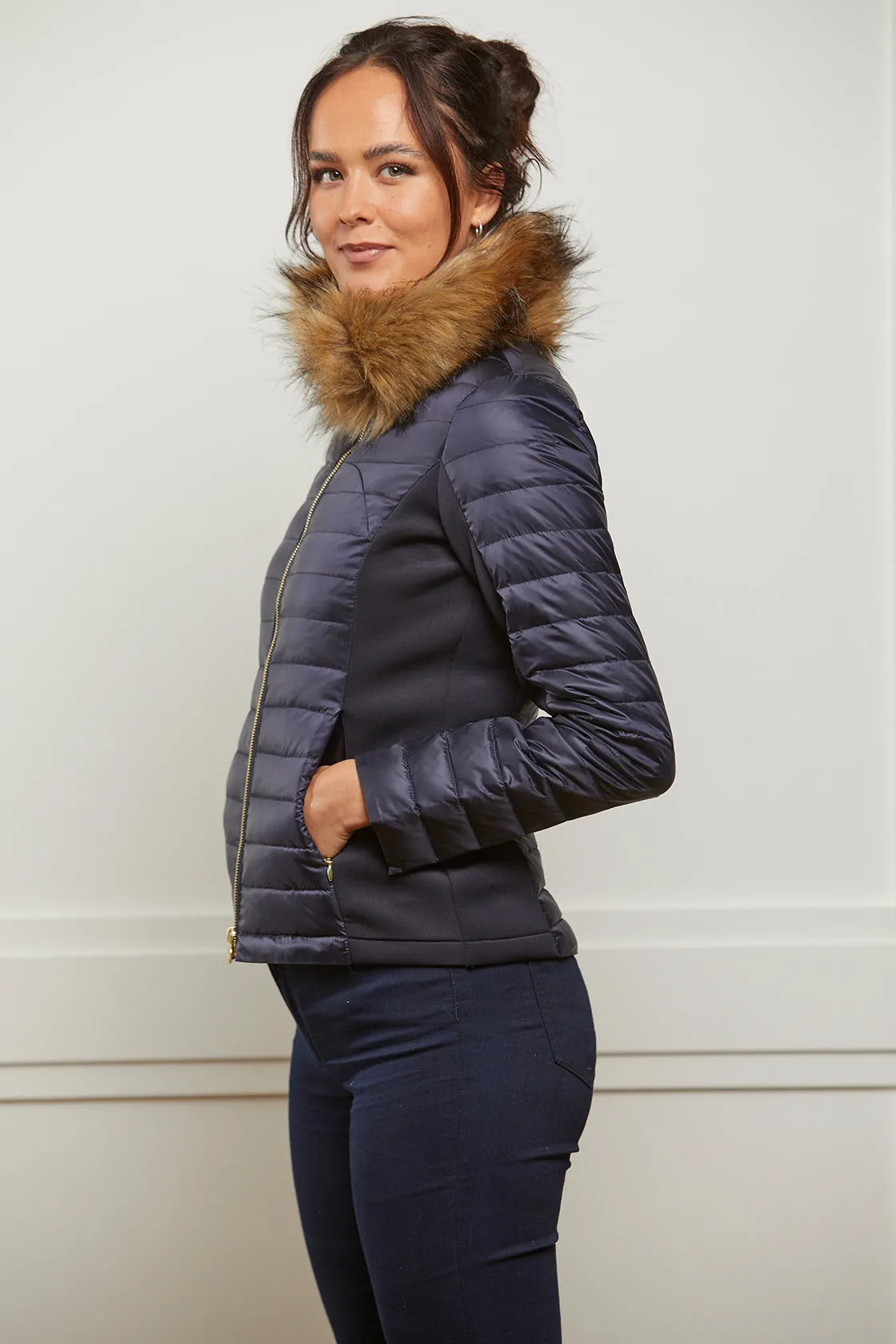 Navy Puffer Jacket - Luxe Faux Fur Collar - 60% OFF