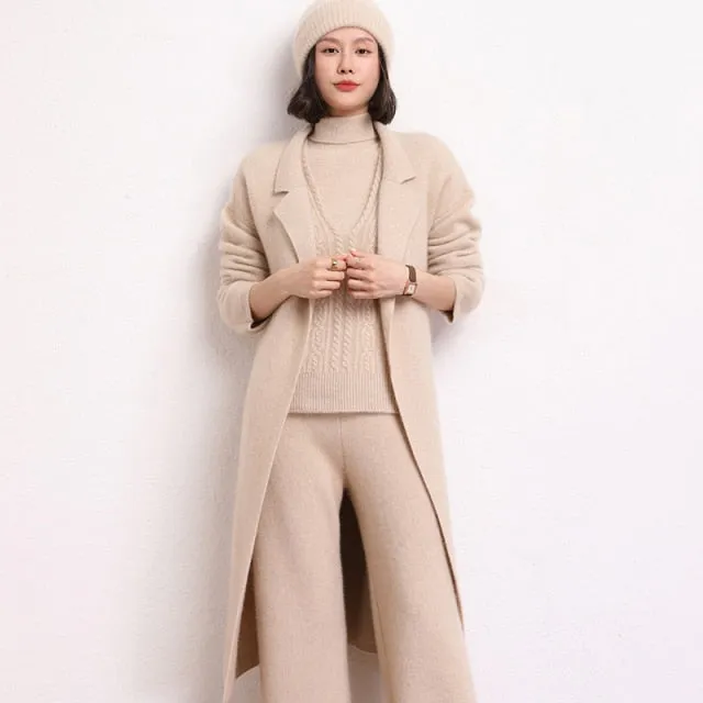 New 100% Cashmere Pure Color Knitted Cardigan Coat