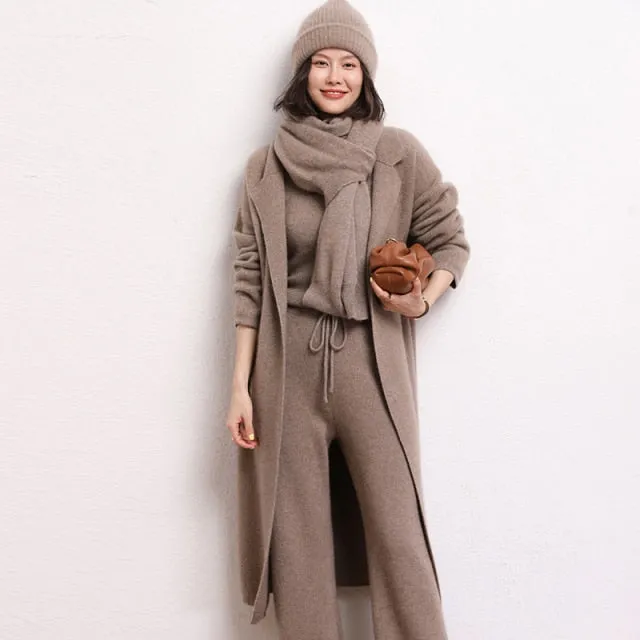 New 100% Cashmere Pure Color Knitted Cardigan Coat