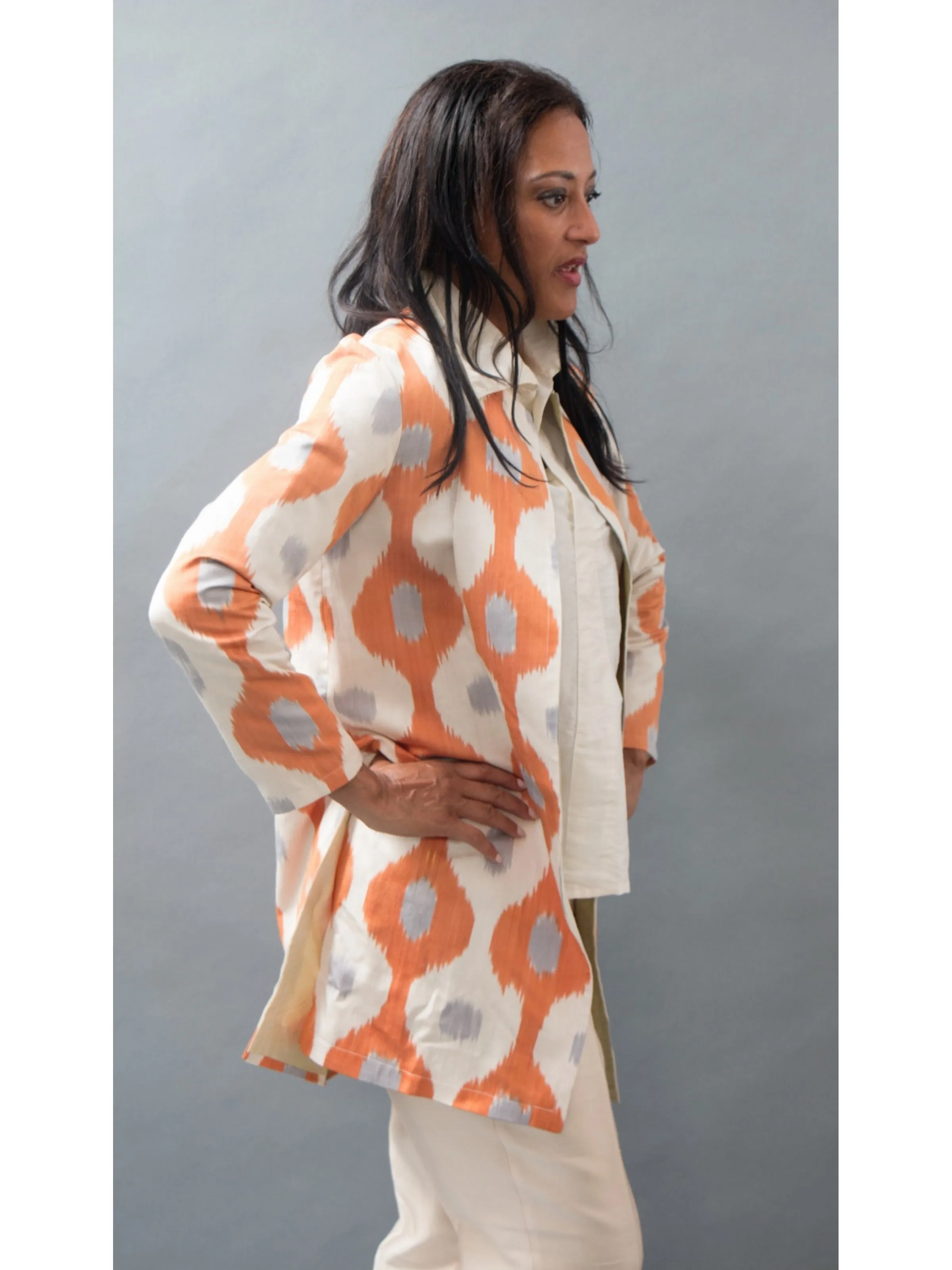 *Reversible Ikat Coat in Apricot and Celery Silk