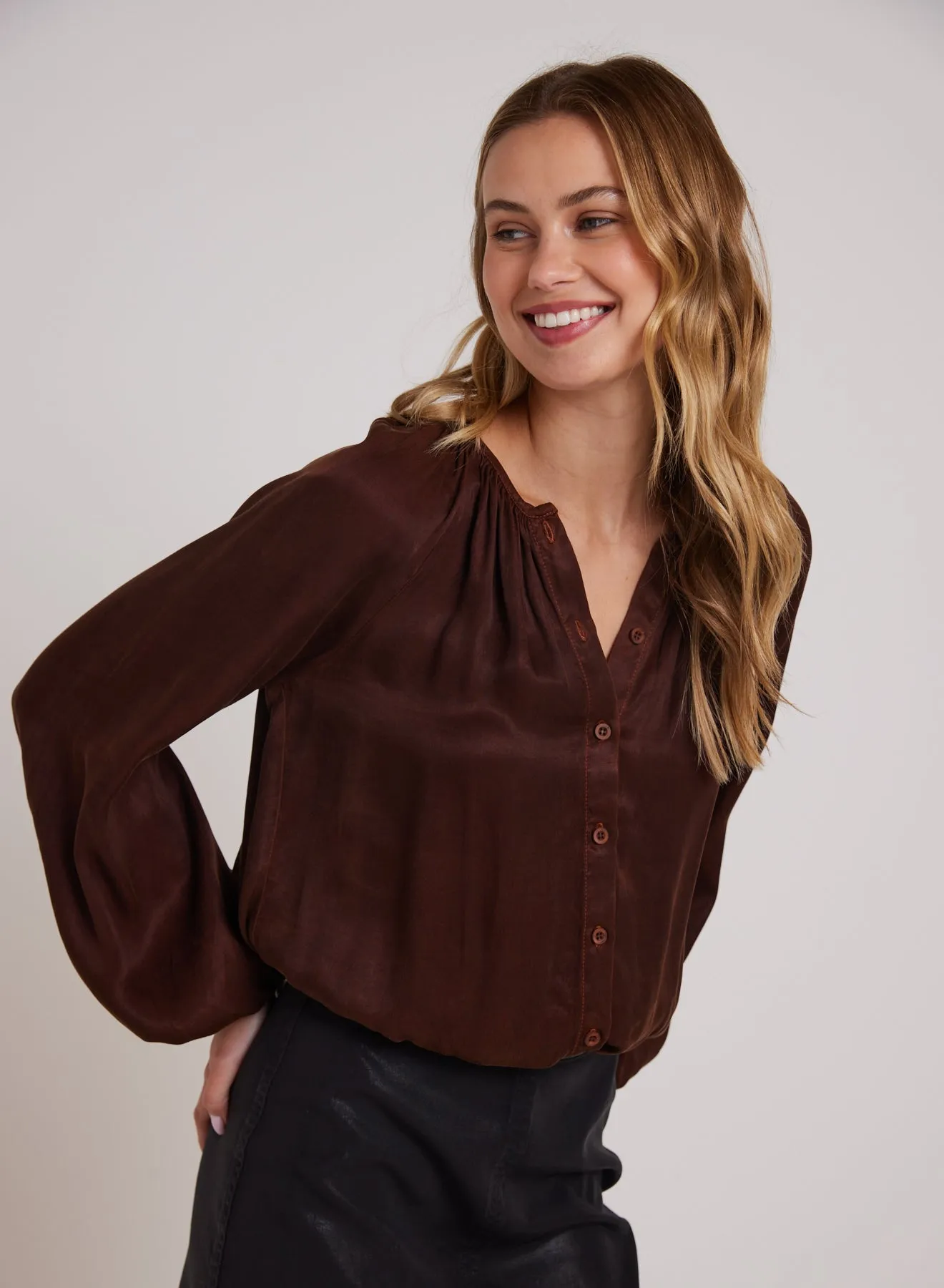 Shirred Button Front Blouse - Mahogany Brown