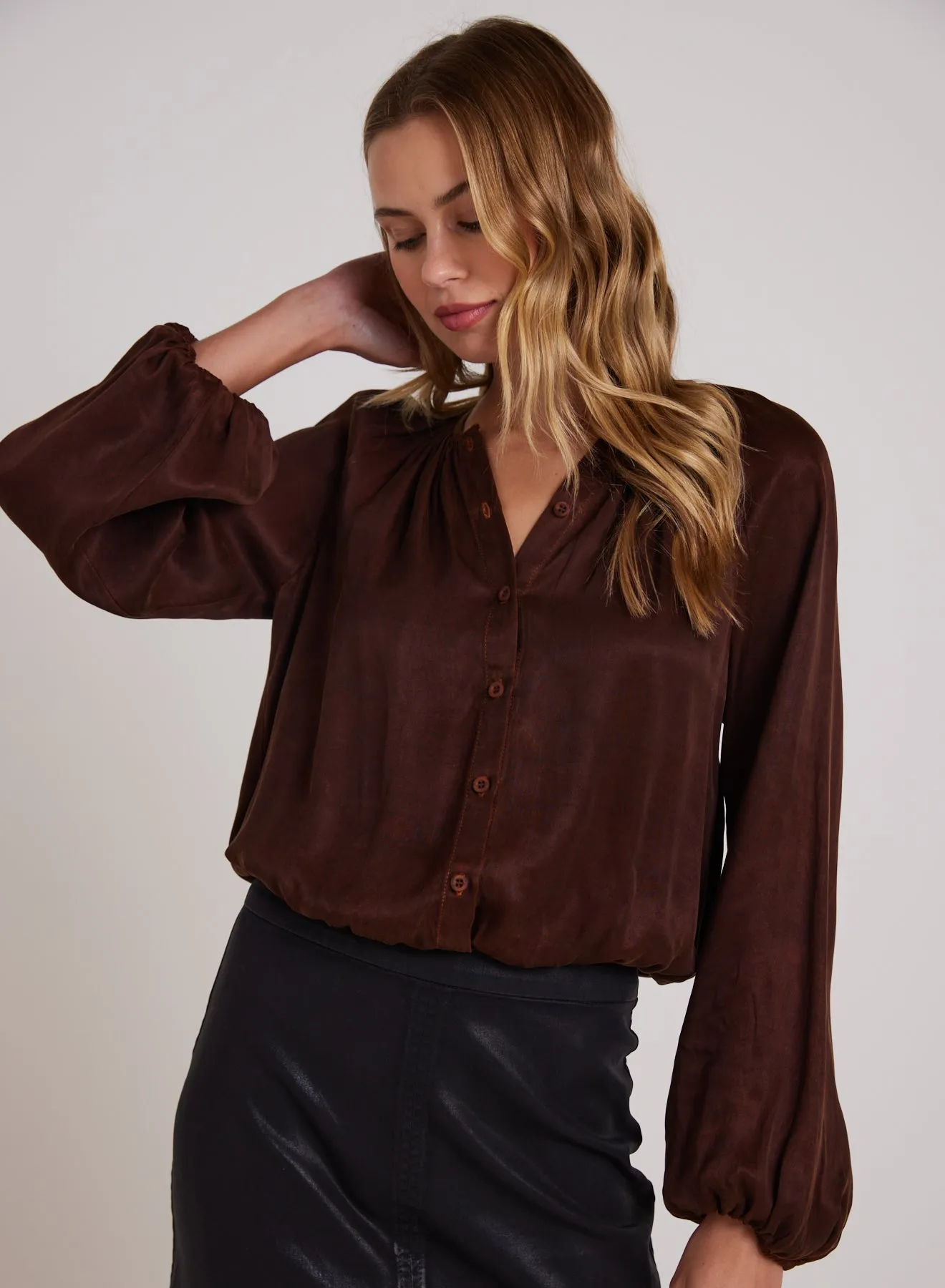 Shirred Button Front Blouse - Mahogany Brown