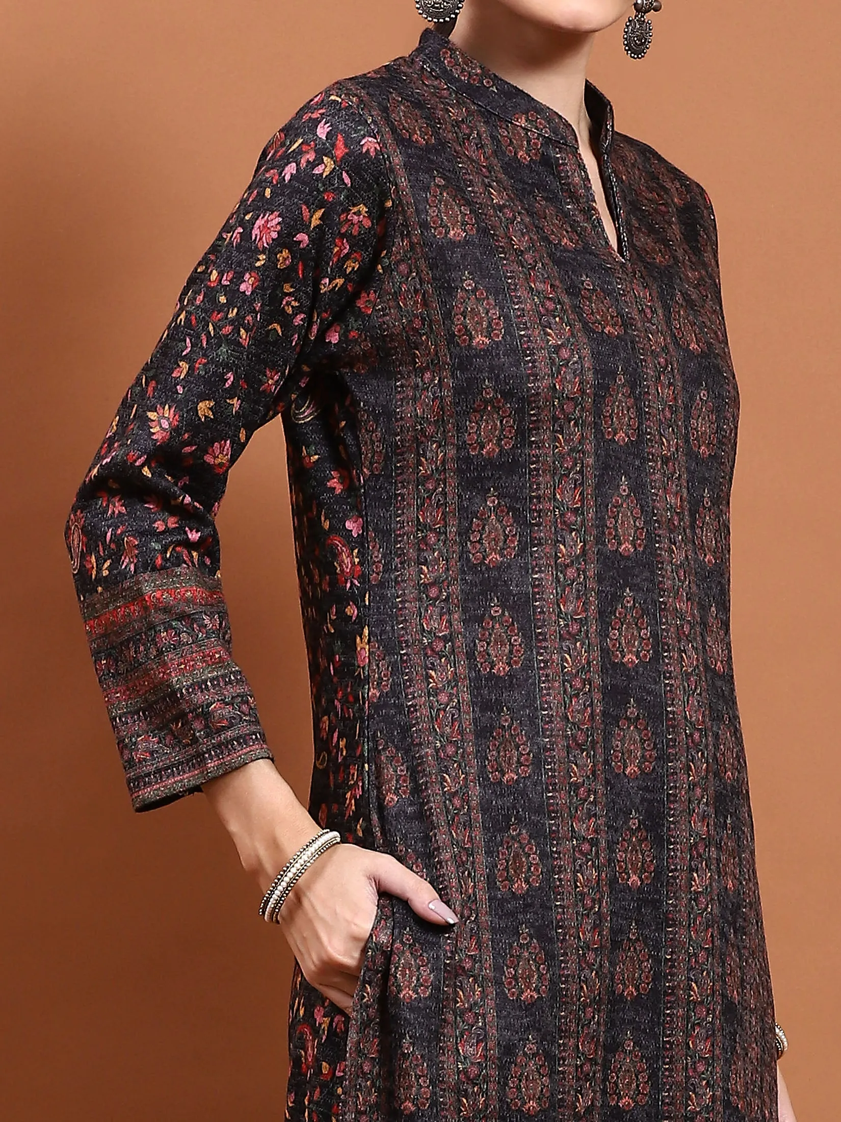 Winter Women Black Printed Kurta Bottom Dupatta