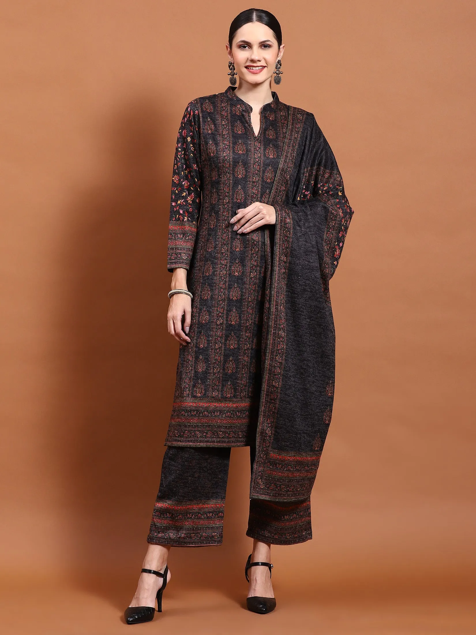 Winter Women Black Printed Kurta Bottom Dupatta